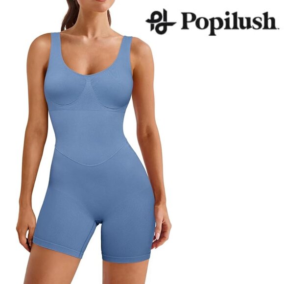 POPILUSH {NWT} The Shapewear Romper | Small | dusty blue | workout jumpsuit - Picture 1 of 11